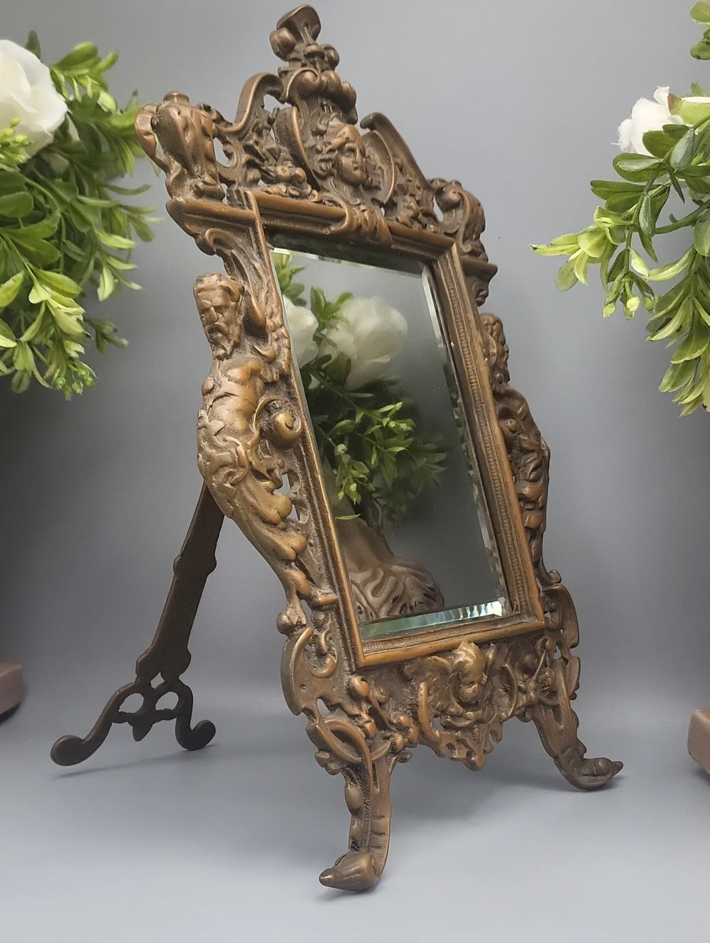 Antique Brass Mirror w/Easel- Late 19th Century High Relief Bacchus Mask Baroque
